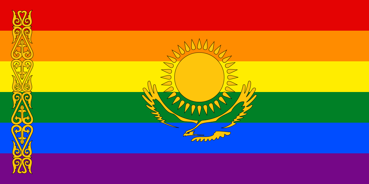 The symbol of the Kazakhstan flag is transposed against a rainbow flag