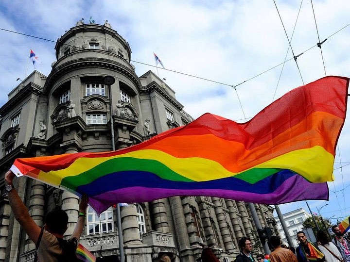 A rainbow flag blows during Belgrade Pride 2019