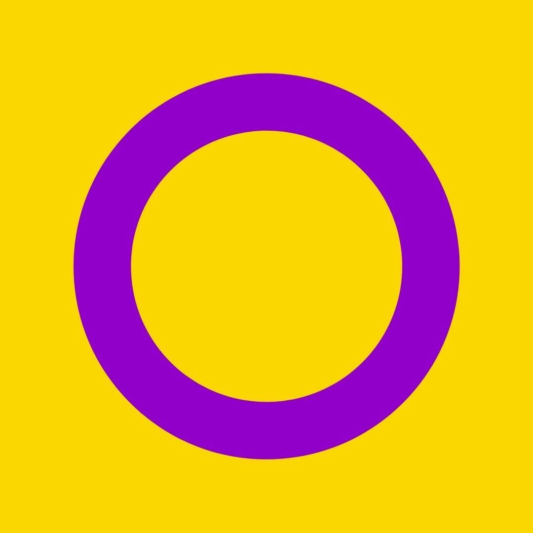 a purple circle against a yellow background, representing the intersex flag
