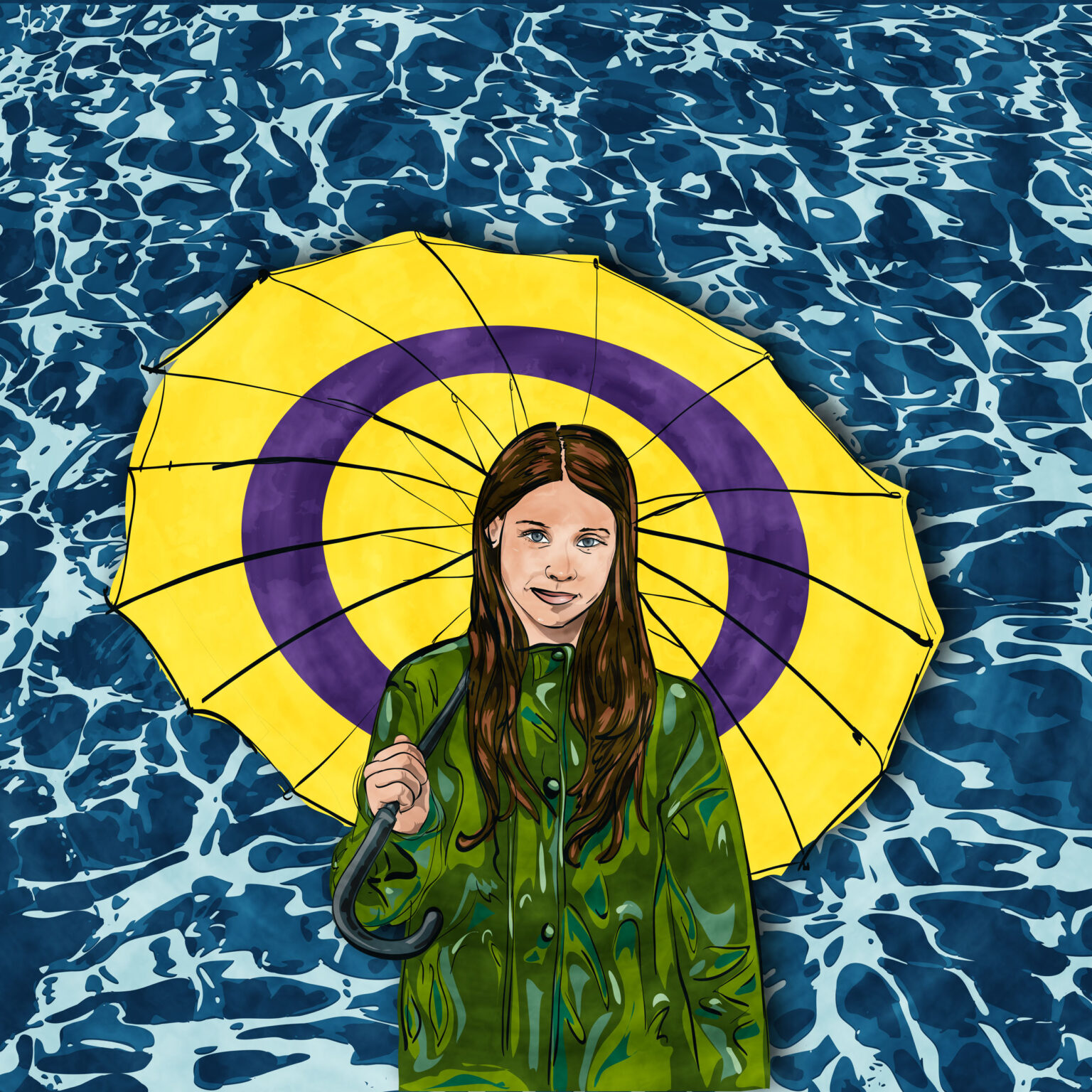 A drawing of a girl holding an umbrella with the intersex flag