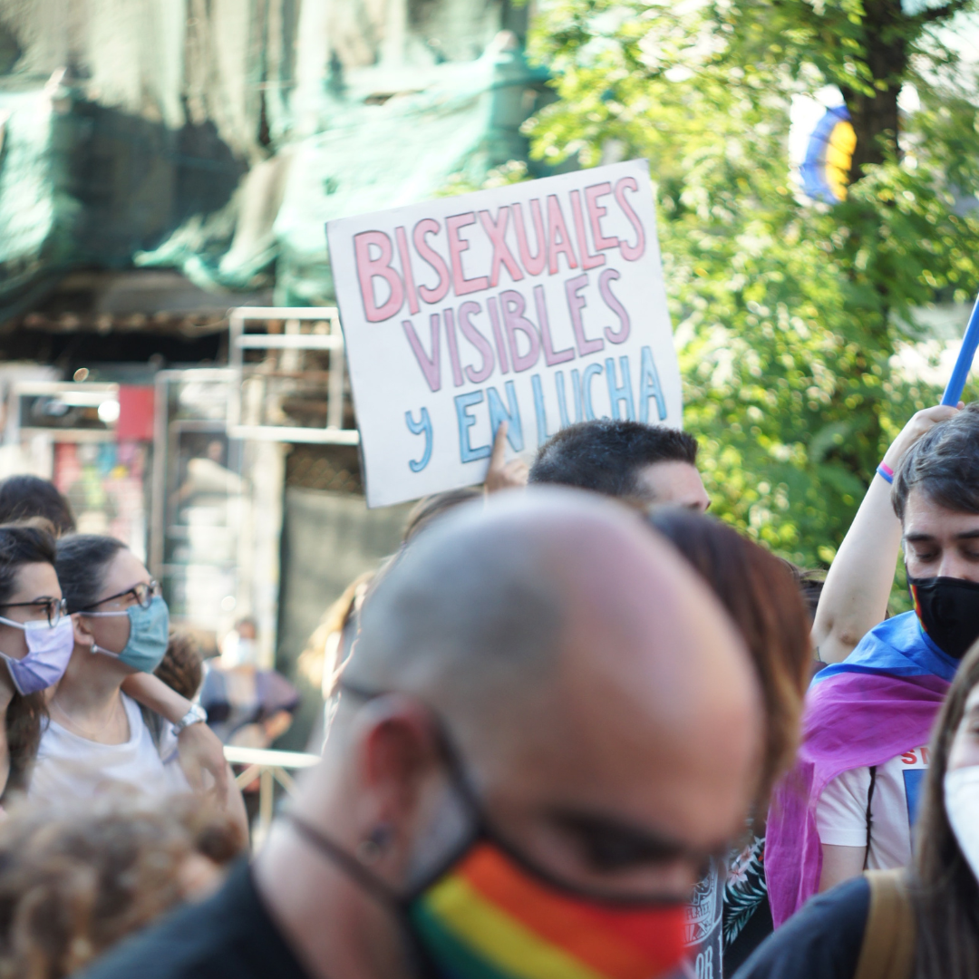 A sign says 'bisexuals visible and fighting' during a protest